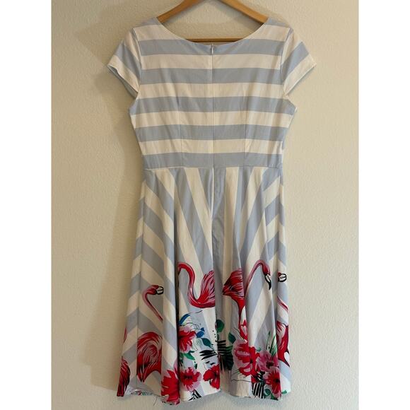 FLAMINGO Dress Blue Stripe Retro Novelty Print Floral Fit Flare | LARGE - Picture 2 of 7